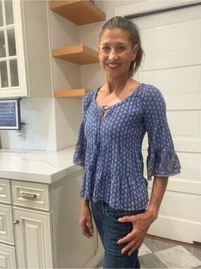 American Eagle Boho Bell Sleeve Peplum Blouse | Blue Floral Tassel Tie | Small